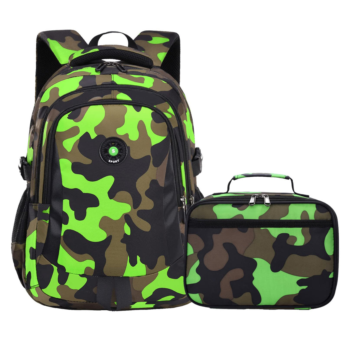 Camo Backpack Set with Lunch Bag Lightweight Waterproof School Backpack Bookbag for Boys Girls (A-Style Camo Green)