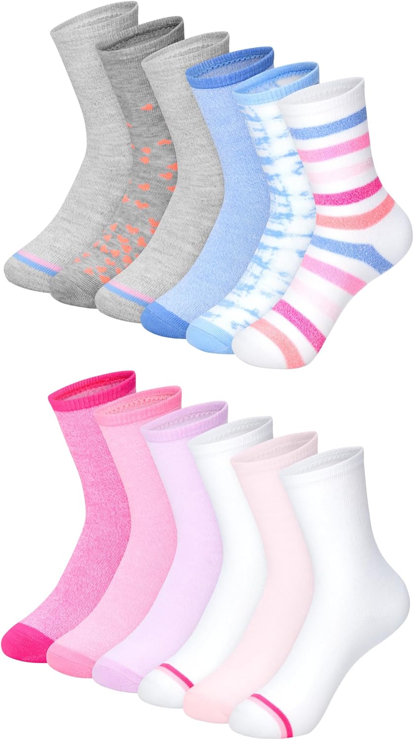 Hanes Girls' Socks, Fashion Patterned Soft Socks, No Show, Ankle, and Crew, 12-pair Packs