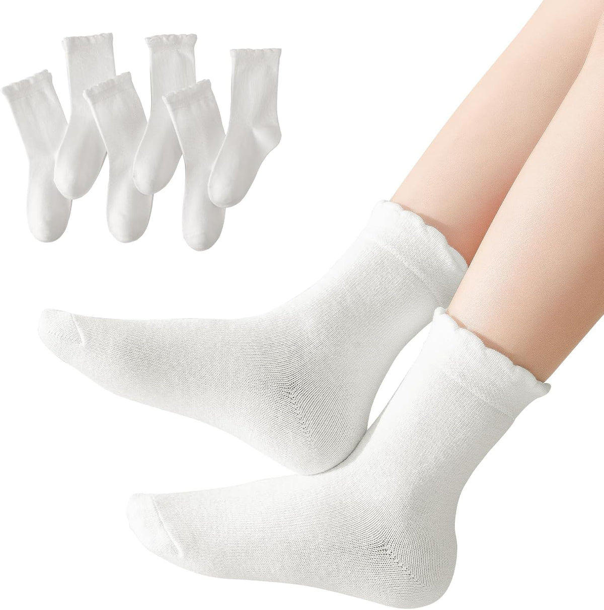 ANYANIME 6 Pair Girls White Dressy Textured Short Socks Scallop Top Design