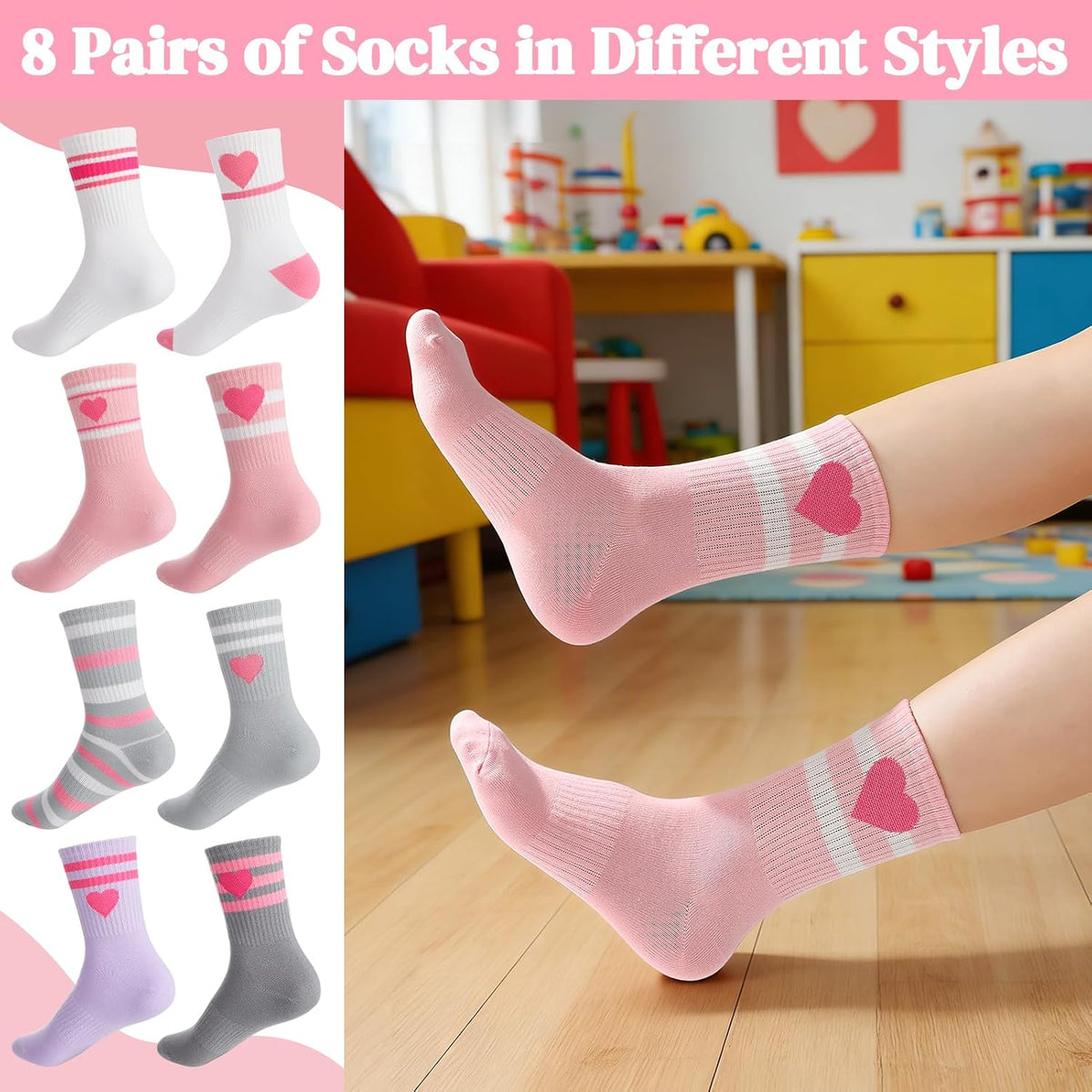 8 Pairs Kids Crew Socks Cotton Back to School Uniform Sock
