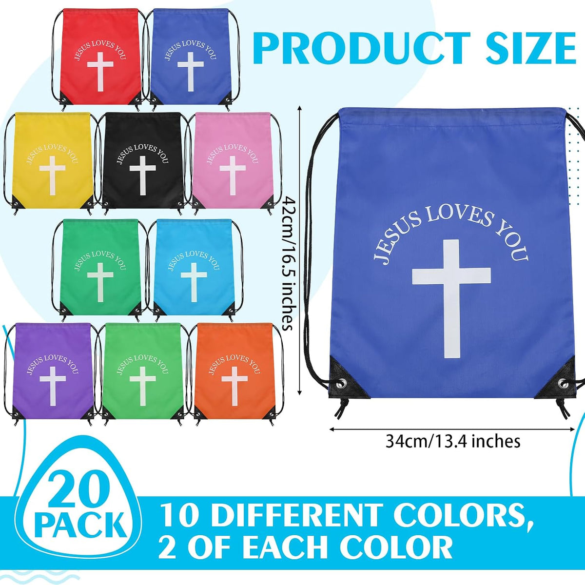 20 Pcs Large Jesus Loves You Drawstring Bags Bulk Multicolor