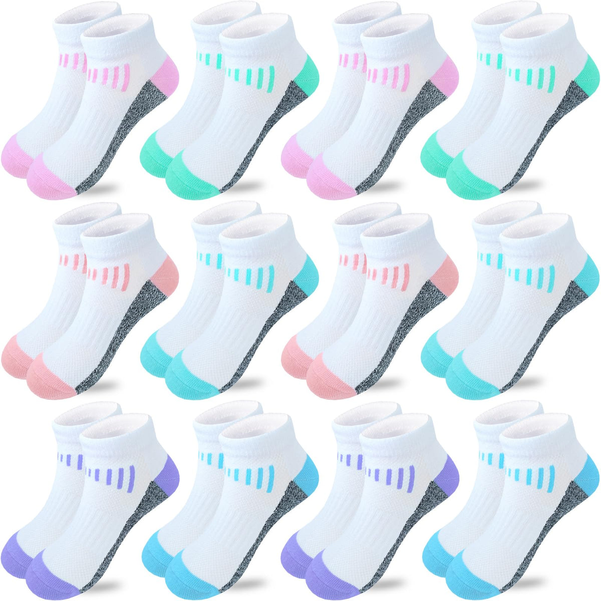 Bemeol Girl Socks 12 Pairs Ankle Socks Girl Running Athletic Sock Low Cut Cotton Casual Sock for Kids