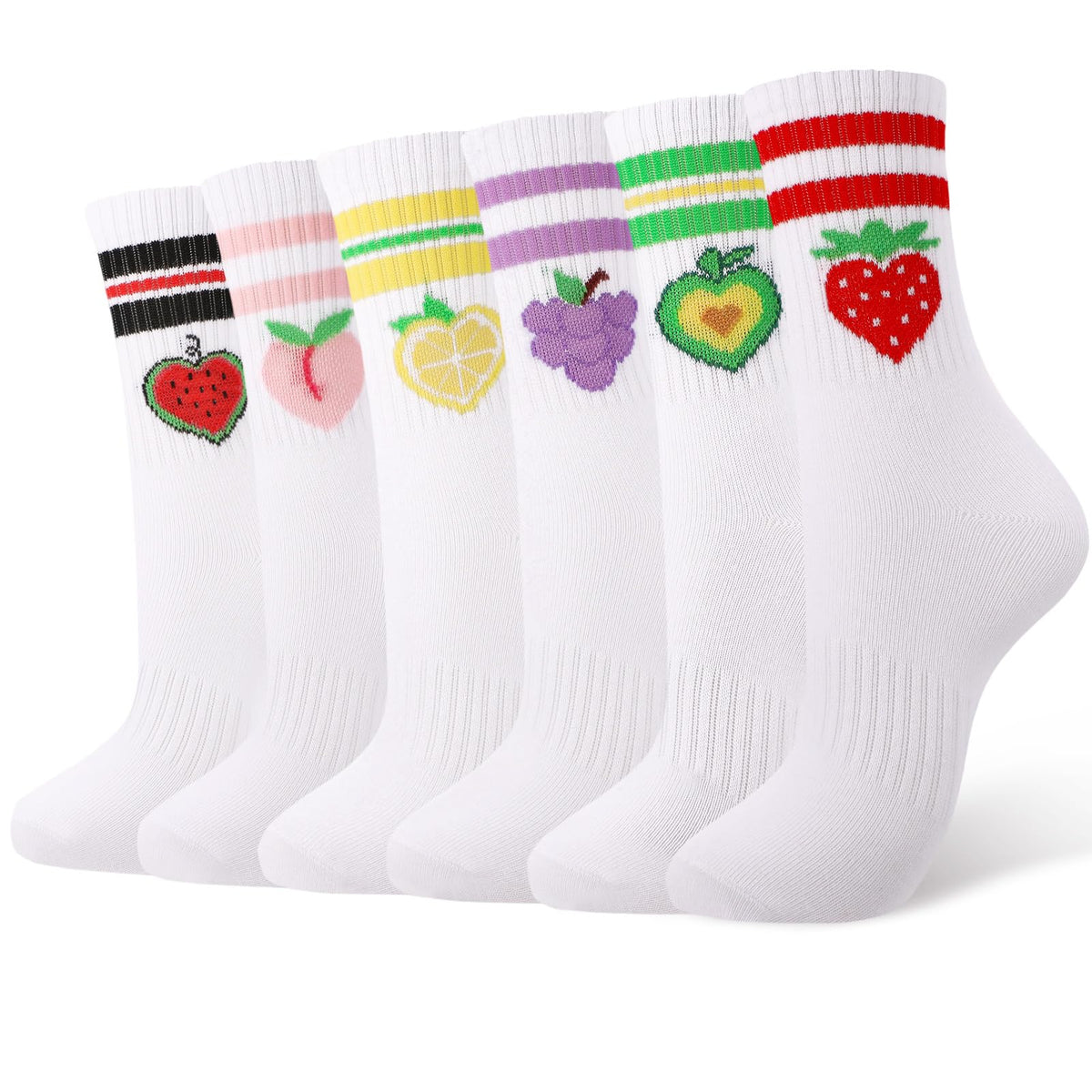 6 Pairs Girls Athletic Cotton Socks Fruits Heart Crew Socks