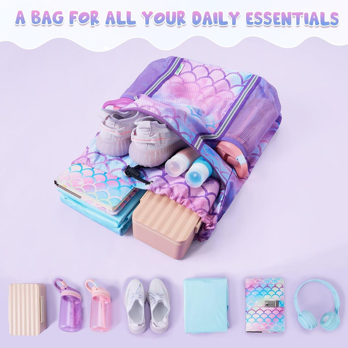 WAWSAM Mermaid Drawstring Backpack for Kids Girls with Two Bottle Pockets