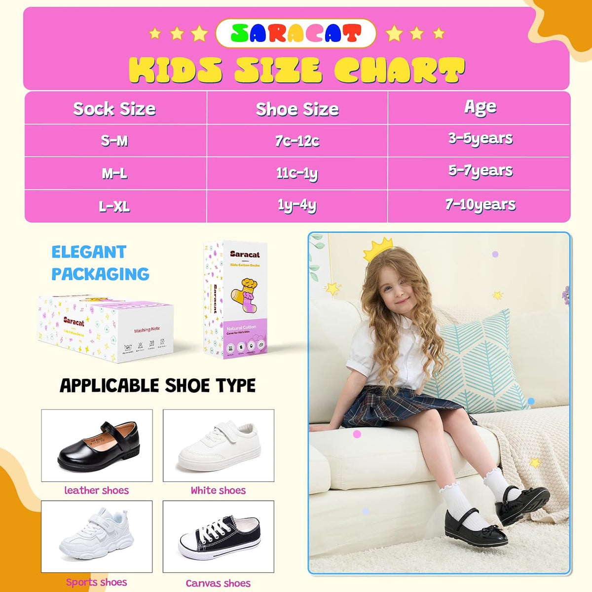 Age 3-10 Girls 100% Cotton Ruffle Socks, Cute Soft Breathable Frilly Dress Socks for Girls
