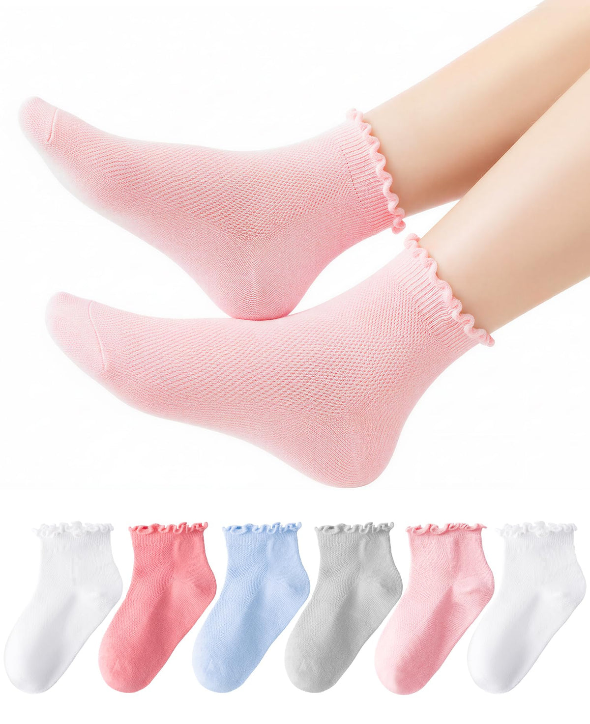 HONGTEYA 6 Pairs Girls Socks Ruffle Cotton School Uniform Kids Ankle Crew