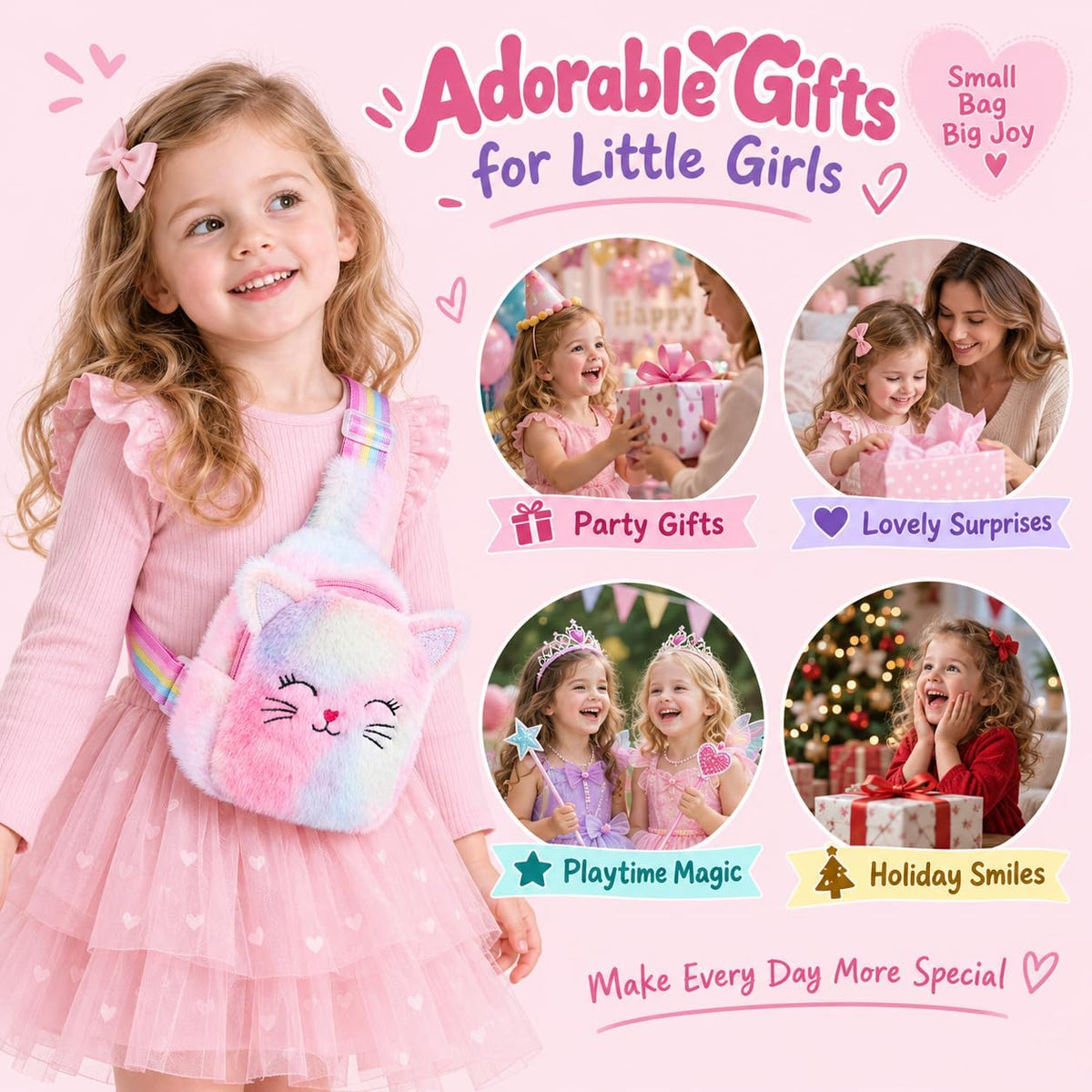 Girls Plush Cat Sling Bag, Crossbody Bag for Kids Mini Purse toddlers