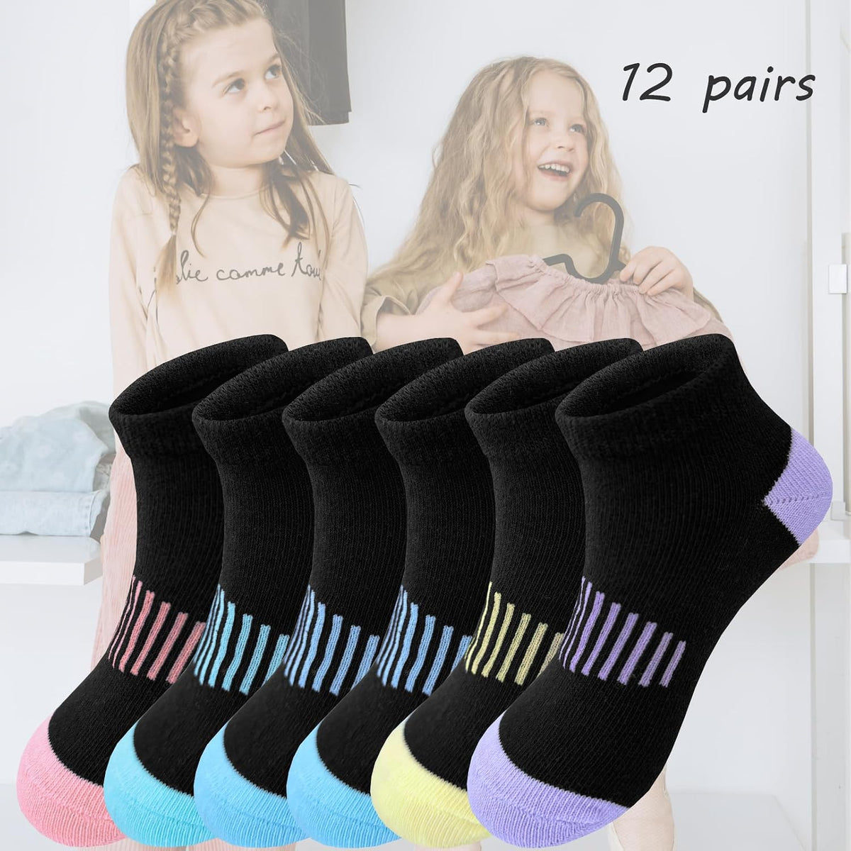 Girls Socks 12 Pairs Ankle Socks for Girls Kids Athletic Cotton Sports Sock Running Low Cut Sock