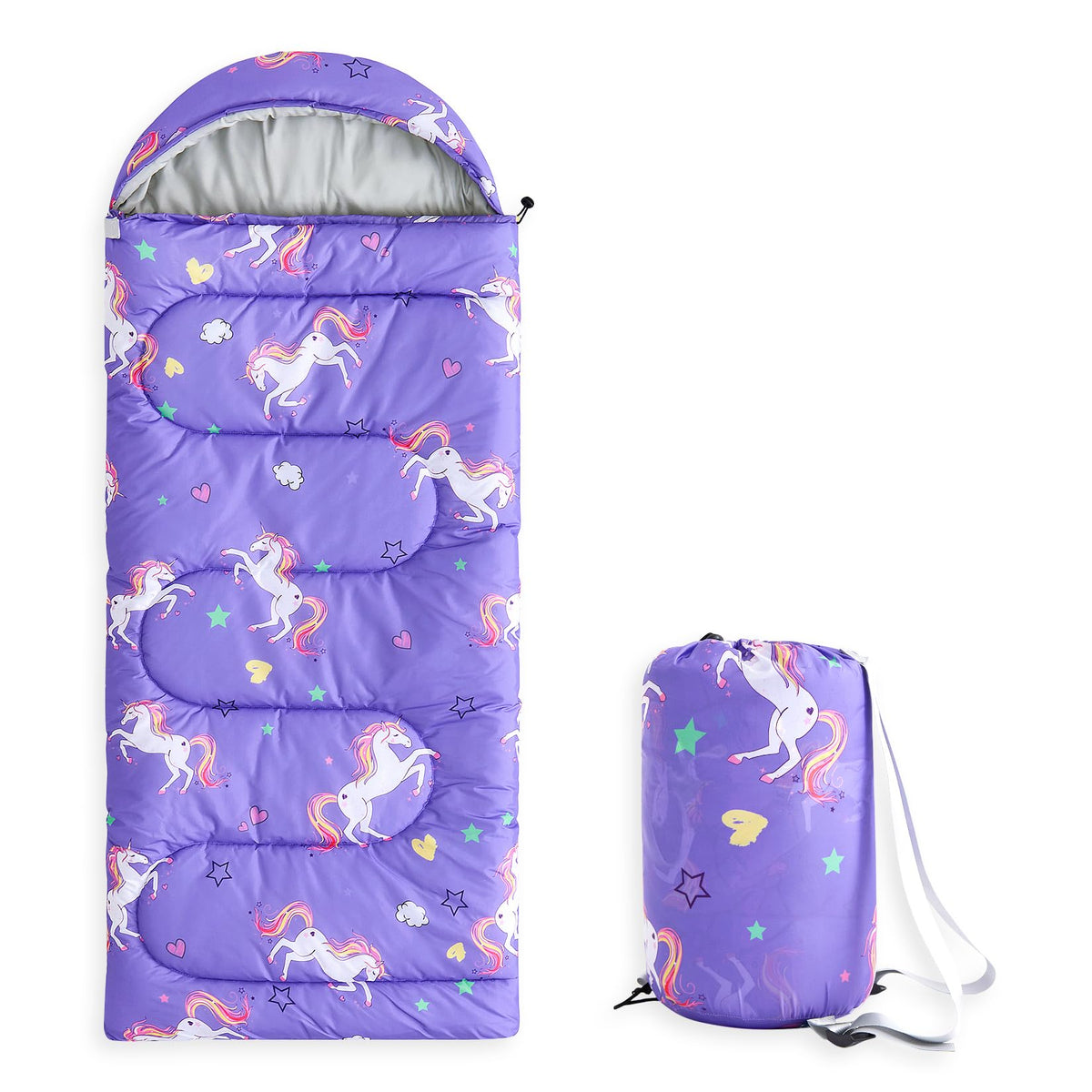 Wake In Cloud - Kids Sleeping Bag for Girls Toddlers, Camping in Warm Cold Weather, Backpacking Lightweight Compact Outdoor Liner for 3 Seasons, Unicorns Stars Hearts