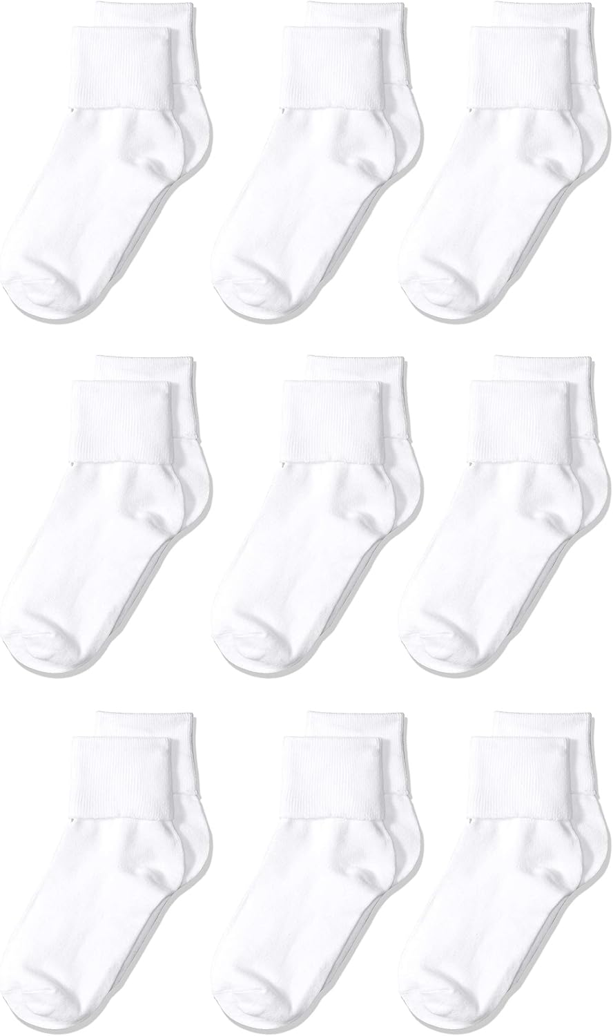 Amazon Essentials Girls and Toddlers' Cotton Blend Ankle Uniform Turn Cuff Socks, 9 Pairs