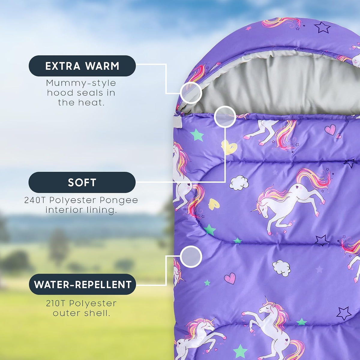 Wake In Cloud - Kids Sleeping Bag for Girls Toddlers, Camping in Warm Cold Weather, Backpacking Lightweight Compact Outdoor Liner for 3 Seasons, Unicorns Stars Hearts