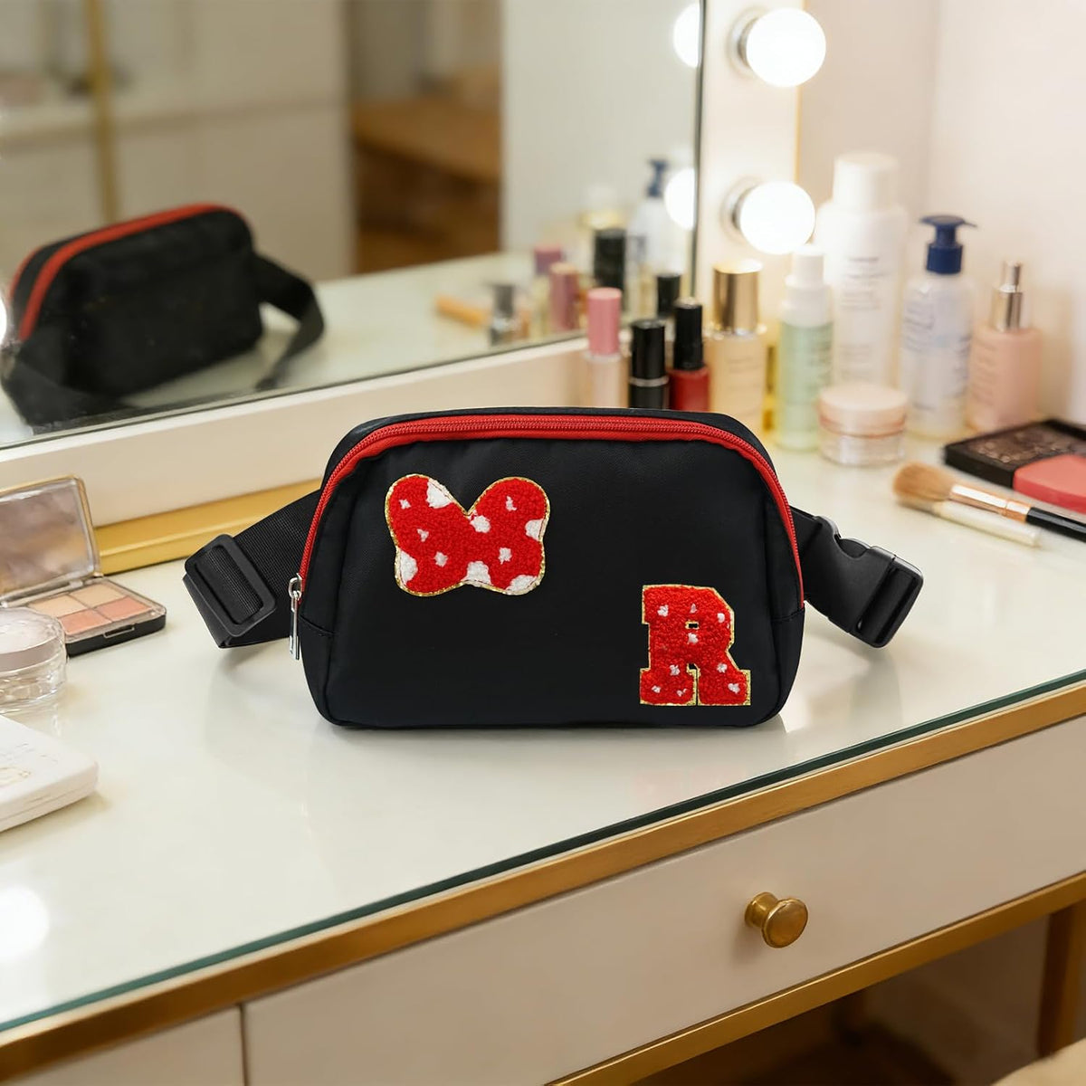 DEEKI Initial Letter Cute Mouse Fanny Pack for Girls Waterproof Crossbody Waist Bag with Adjustable Strap Personalized Belt Bag for Travel-R