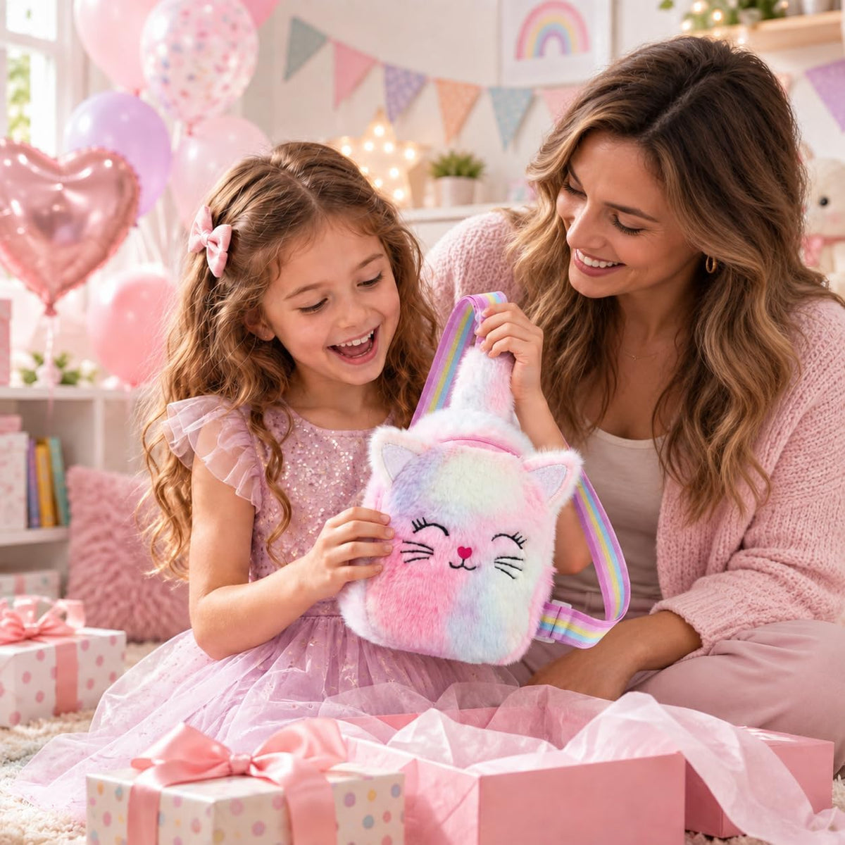 Girls Plush Cat Sling Bag, Crossbody Bag for Kids Mini Purse toddlers