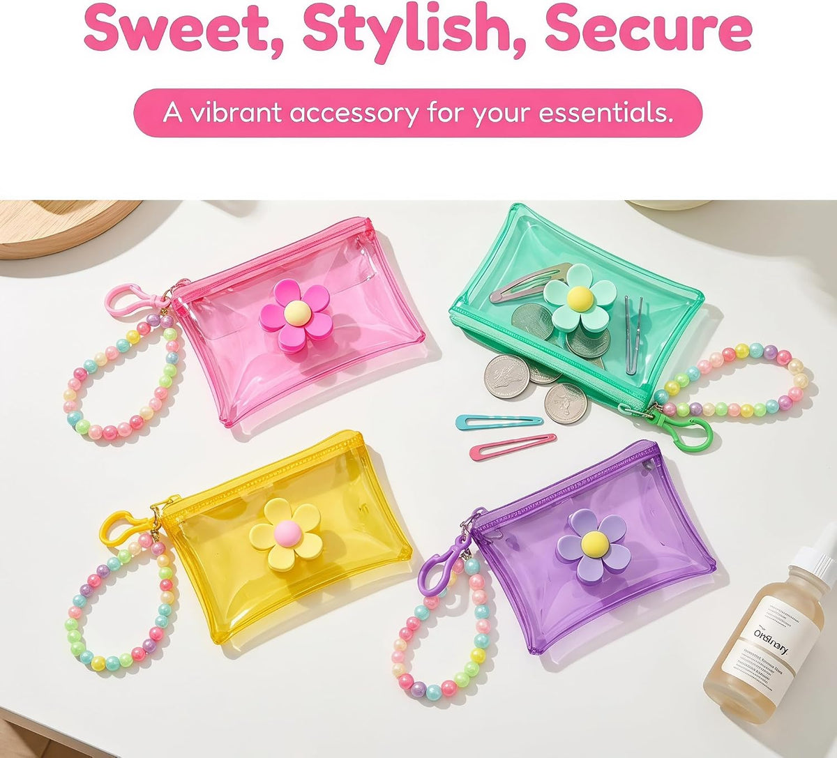 4 Pcs Transparent Cute Mini Zipper Wallet with Beaded Wrist
