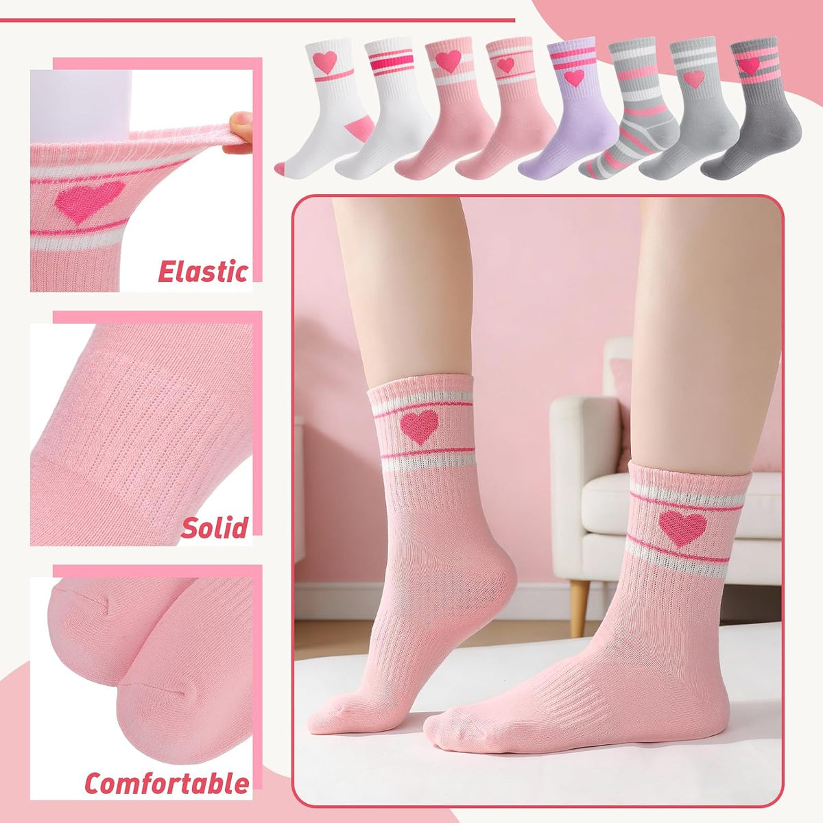 8 Pairs Kids Crew Socks Cotton Back to School Uniform Sock