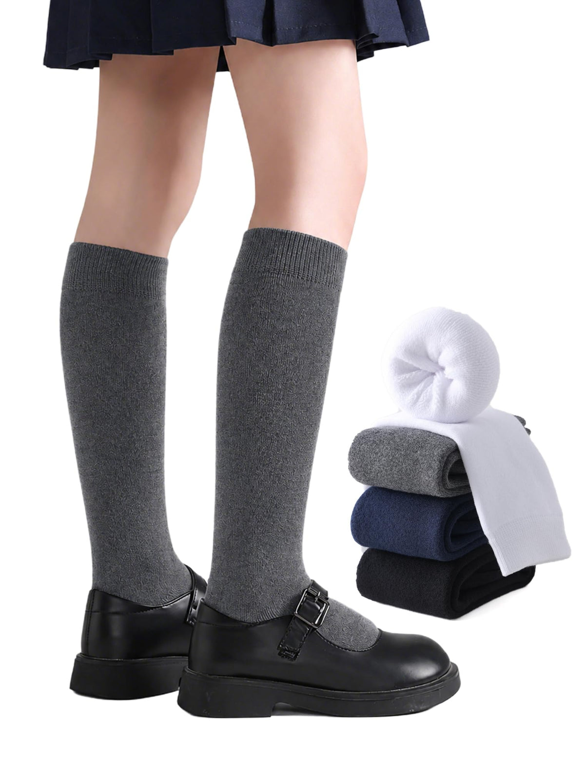 EPEIUS Girls Knee High Socks, Seamless Cotton School Uniform Socks 3-5 Pack