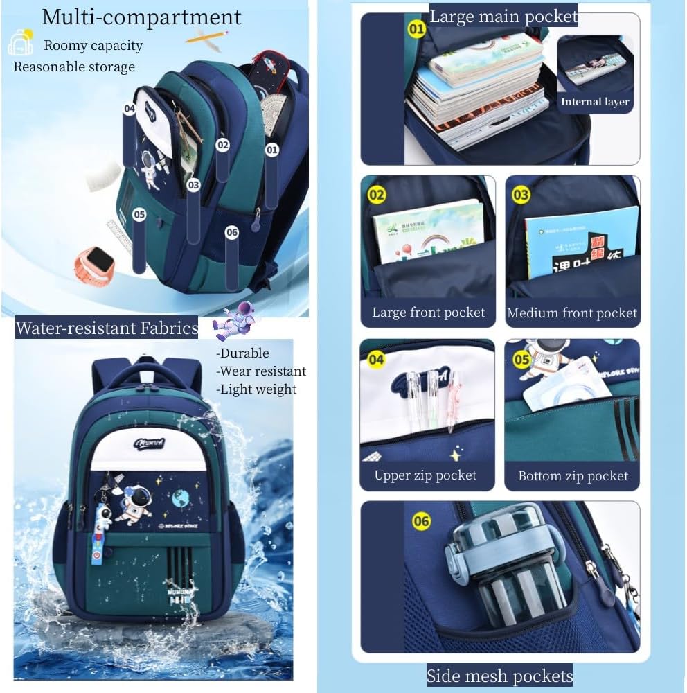 MITOWERMI Astronaut-space Backpack for Boys-Girls Elementary Middle School Bookbag Backpack for Girls Kids Lightweight Back Pack Blue-green