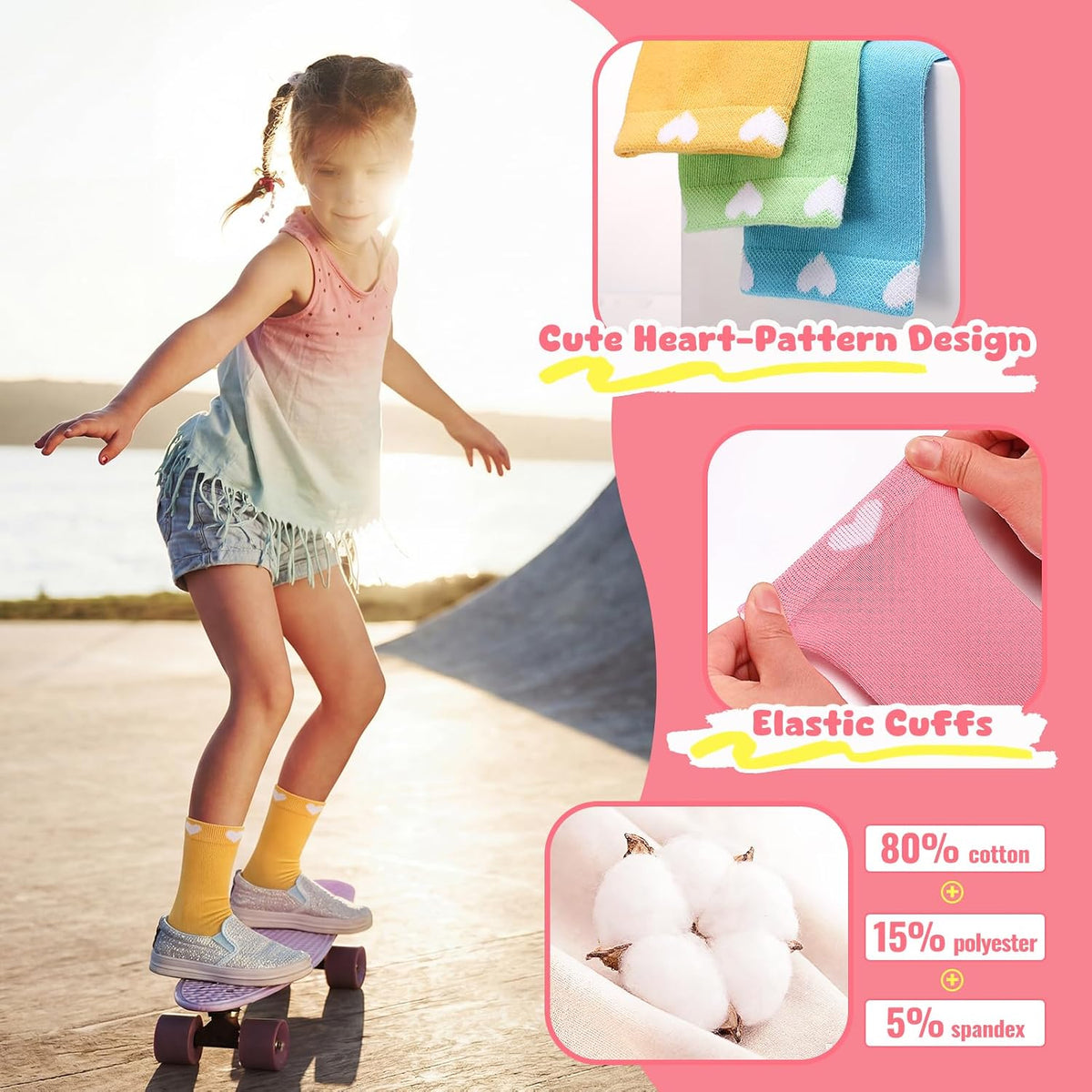 Girls Socks Kids Crew Athletic Socks with Hearts for 9-13 Years