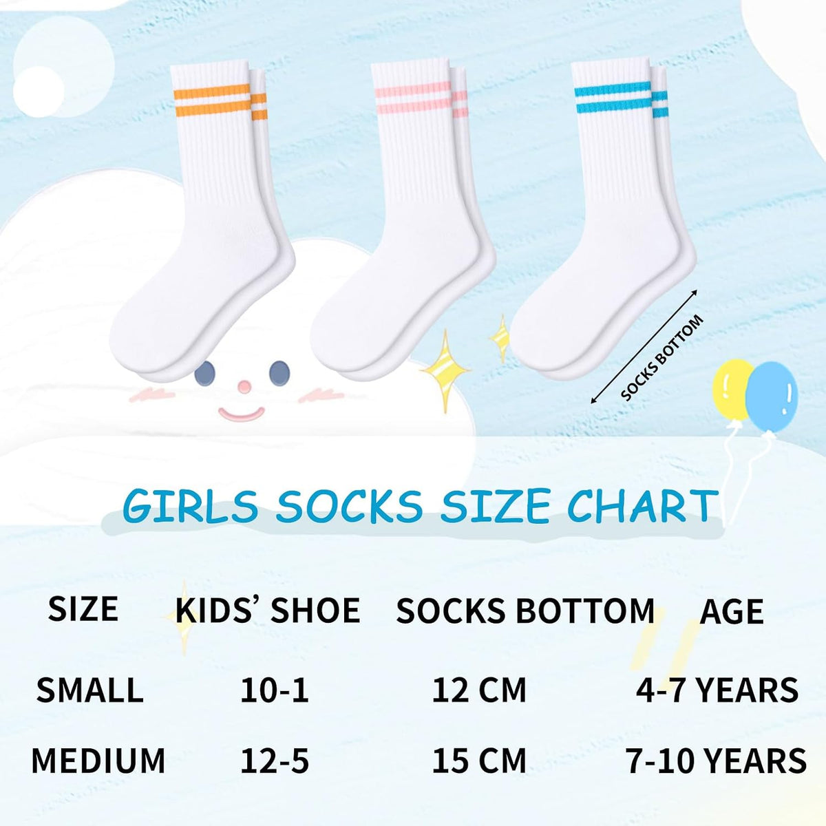 Comfoex 10 Pairs Girls Crew Cotton Socks Athletic Calf Striped Soft Casual Socks For Kids 4-6 6-8 8-10 Years Old