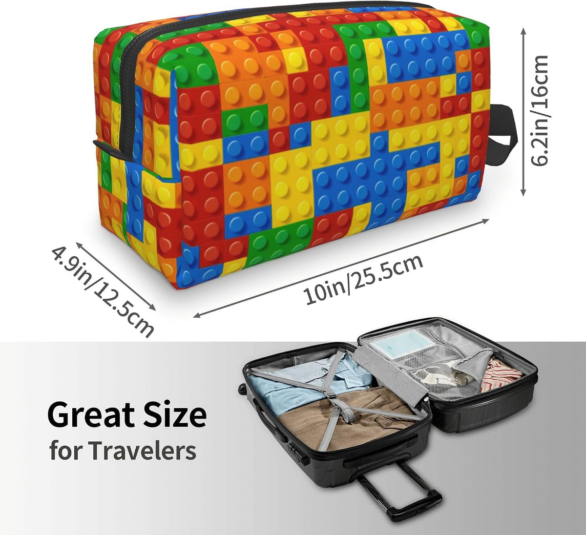 Kids Travel Toiletry Bag for Boys Girls - Waterproof Makeup Pouch Hanging Cosmetic Wash Bags Dopp Kit Shaving Bag for Toiletries Accessories(Colorful Building Blocks)