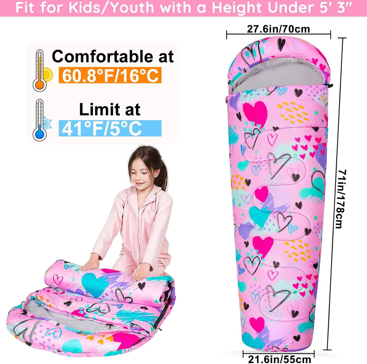 FIOBEE Kids Sleeping Bag 3 Season Camping Sleeping Bags for Girls Toddler