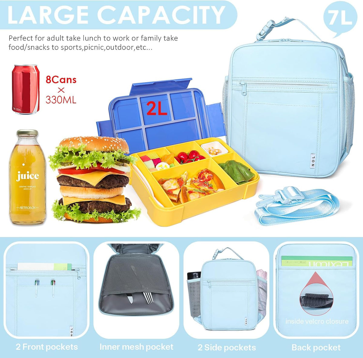 NOL Lunch Bag for Children Adult Insulated Lunch box Waterproof Cooler Reusable Zip Closure with Buckle Handle Holds for Snacks & Water Bottle School Work, Light blue
