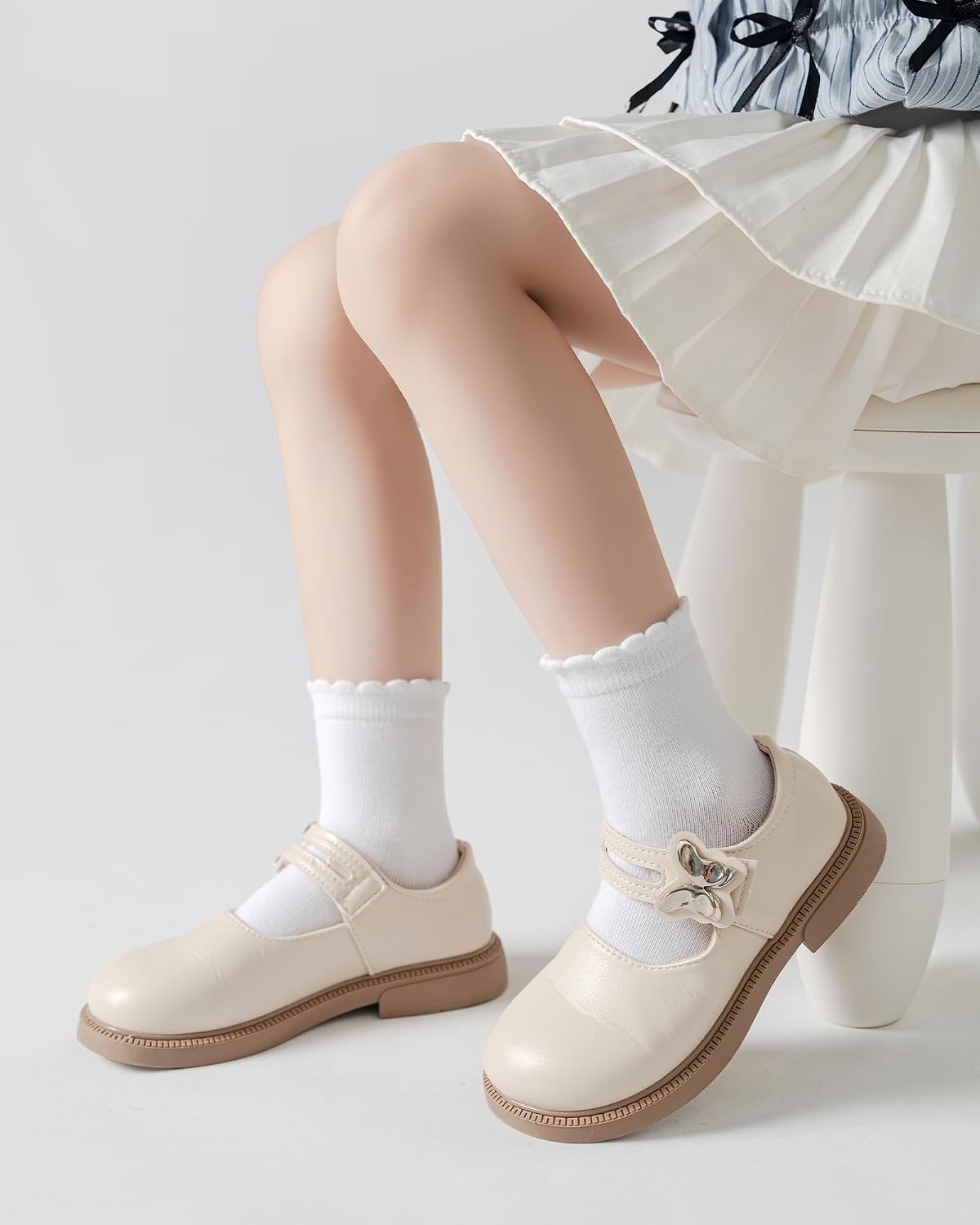 Funjoon Girls Ruffle White School Uniform Socks Crew Scallop Dress Kid Sock