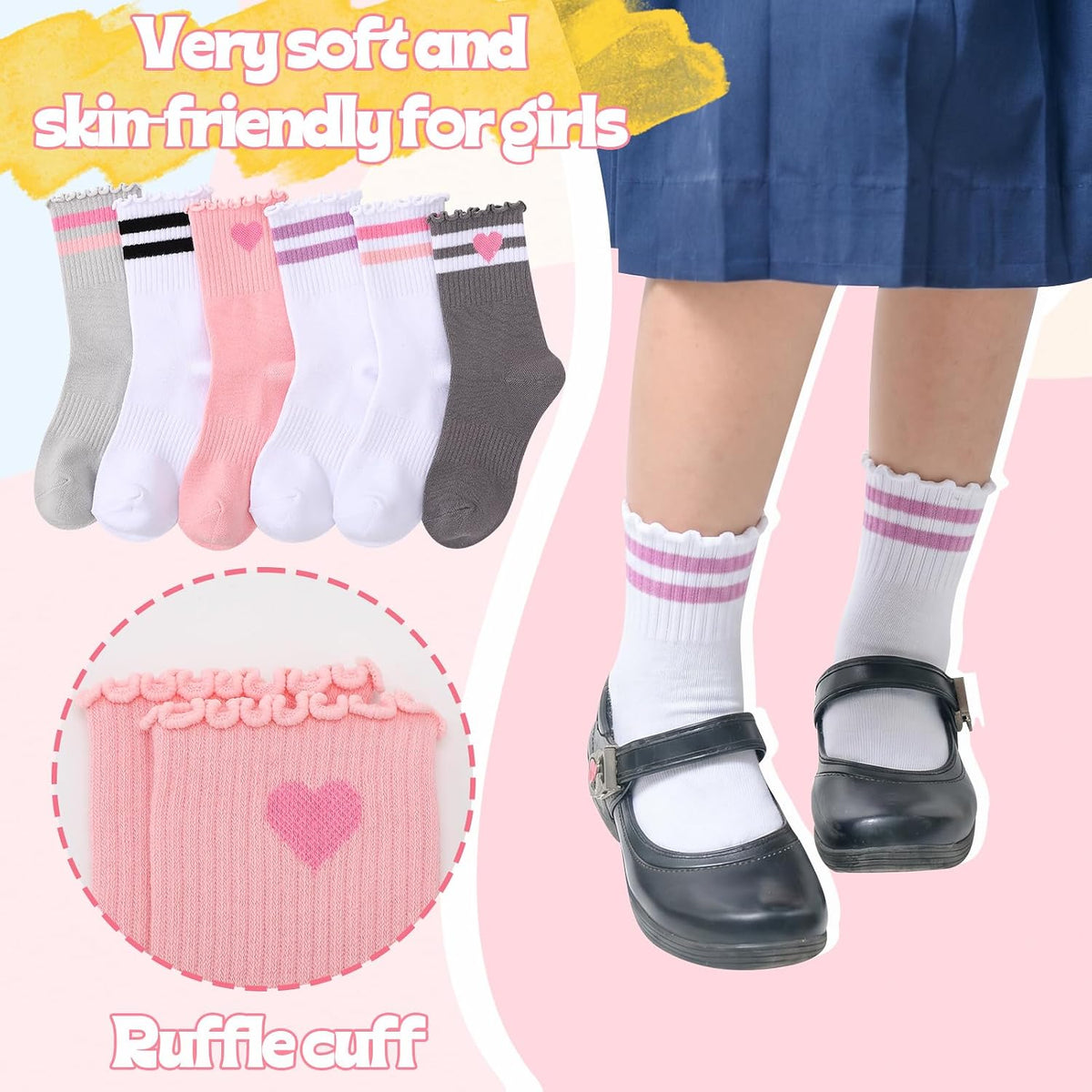 Kids Girls Crew Socks Cotton Athletic Socks with Stripe Hearts