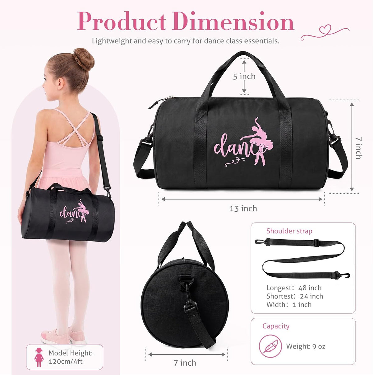 Small Dance Bag for Girls, 8L Lightweight Waterproof Duffle Ballet Bag with Shoulder Strap, Small Gymnastics Overnight Tote Bag for Ballet, Gym, Cheer, Travel - Black