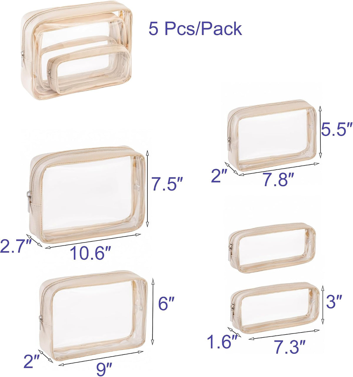 Remobia Hicol TSA Approved 5-Piece Diaper Bag Organizer Pouch Set Clear Waterproof TPU Kids Toiletry Storage Set Travel Packing Clutch Cube Bags for Baby Nursing(Cream leather)