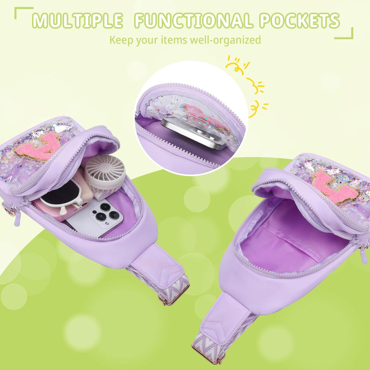 I IHAYNER Clear Initial Sling Bag for Gilrs Crossbody Bag Waist Pack Personalized Gifts for 4 5 6 7 8 9 10 11 12 13 Year Old Girls Purse for Birthday Thanksgiving Gifts for Daughter Sister Purple-B