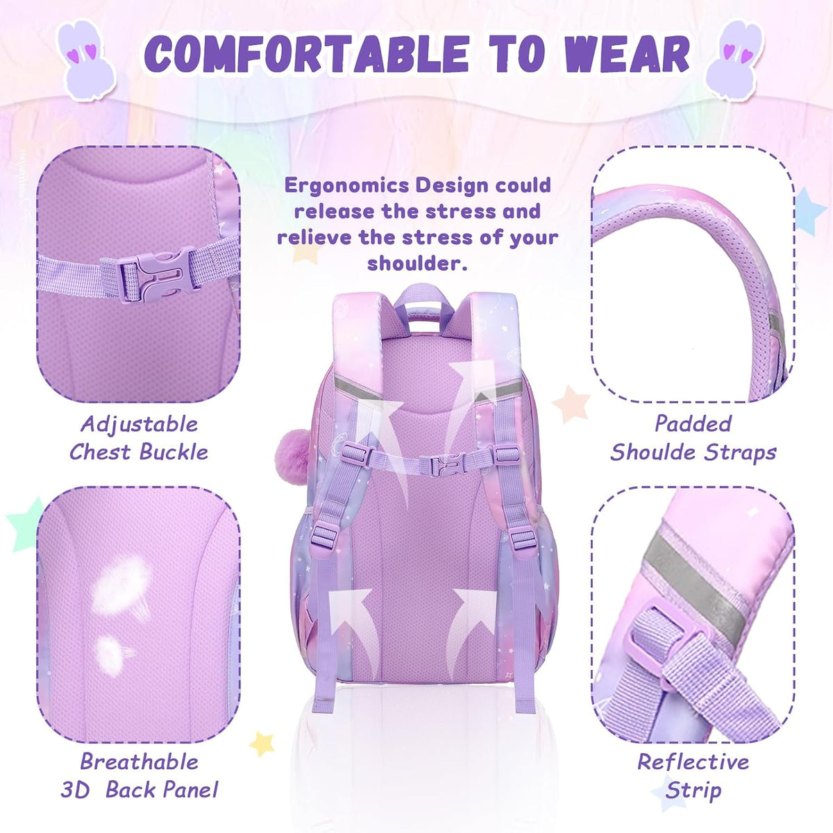 PIG PIG GIRL Kids Backpack for Girls - School Bags for Middle School Students - Book Bag for Elementary Primary - Kawaii Ita Backpack - Purple