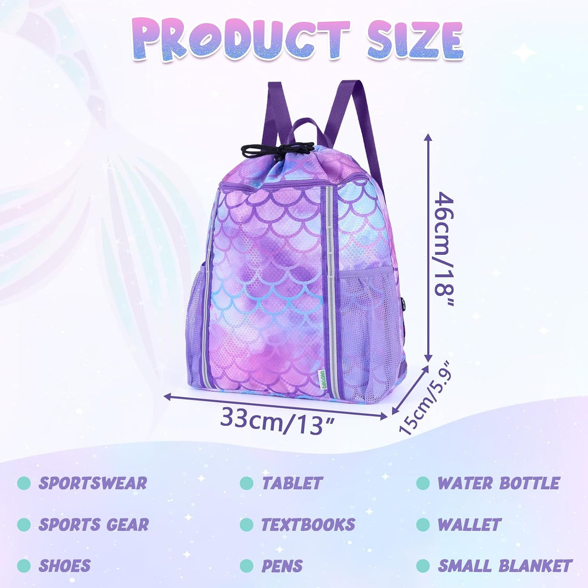 WAWSAM Mermaid Drawstring Backpack for Kids Girls with Two Bottle Pockets