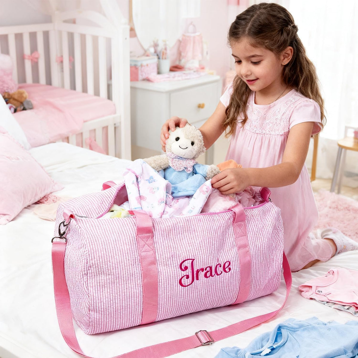 Personalized Toddler Dance Bag with Name for Girls&Boys,Seersucker Embroidered Duffel Bag,18 Inch,Multi-Functional Travel & Dance Bag with Handles for Little Girls Ballet,Weekend Travel, Gym,Camping