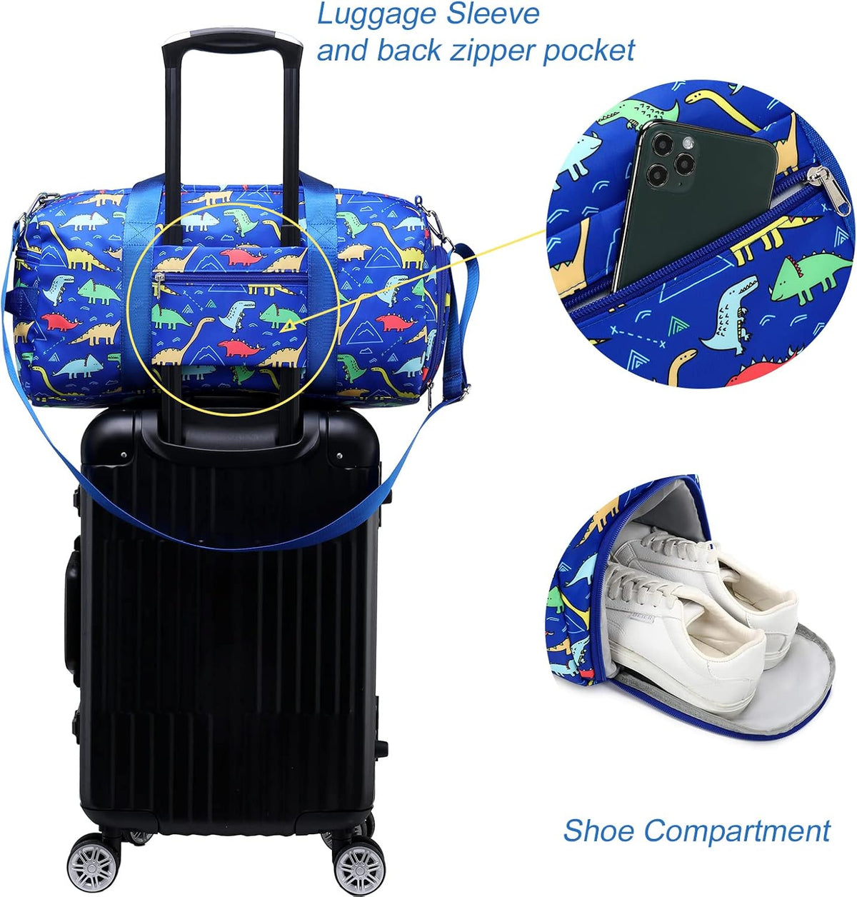 CAMTOP Kids Duffel Overnight Bag Boys Girls Toddler Weekender Carry-On Personalized Tote for Travel Gym Sport (A-Blue Dinosaur)