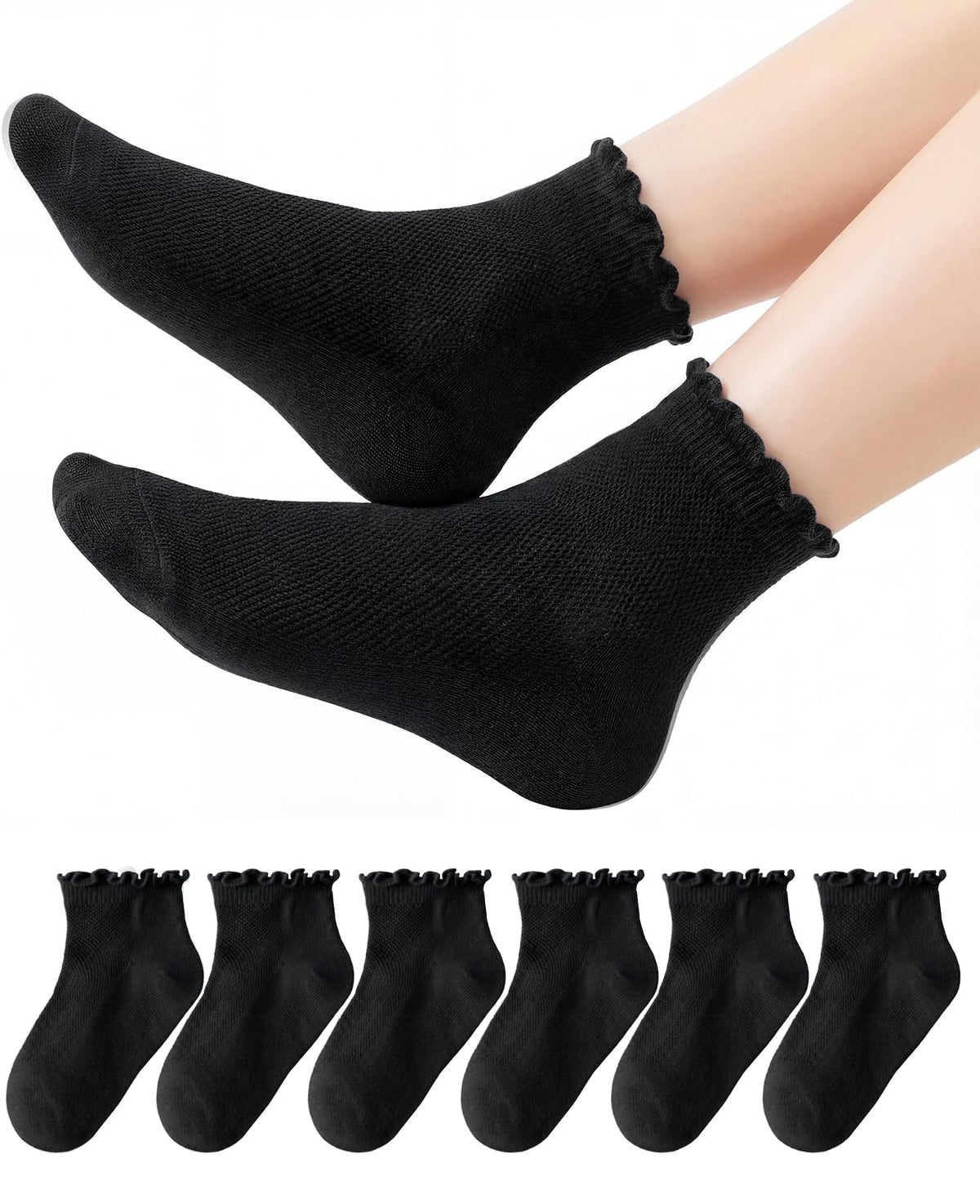 HONGTEYA 6 Pairs Girls Socks Ruffle Cotton School Uniform Kids Ankle Crew