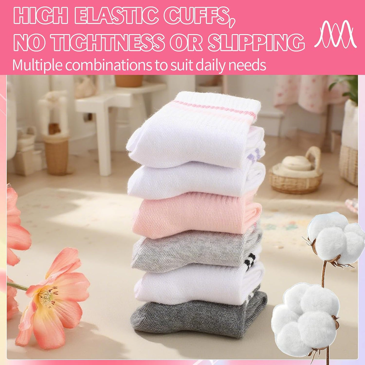 Jspupifip 6 Pairs Kids Girls Pink White Crew Athletic Socks Age 3-12 Years