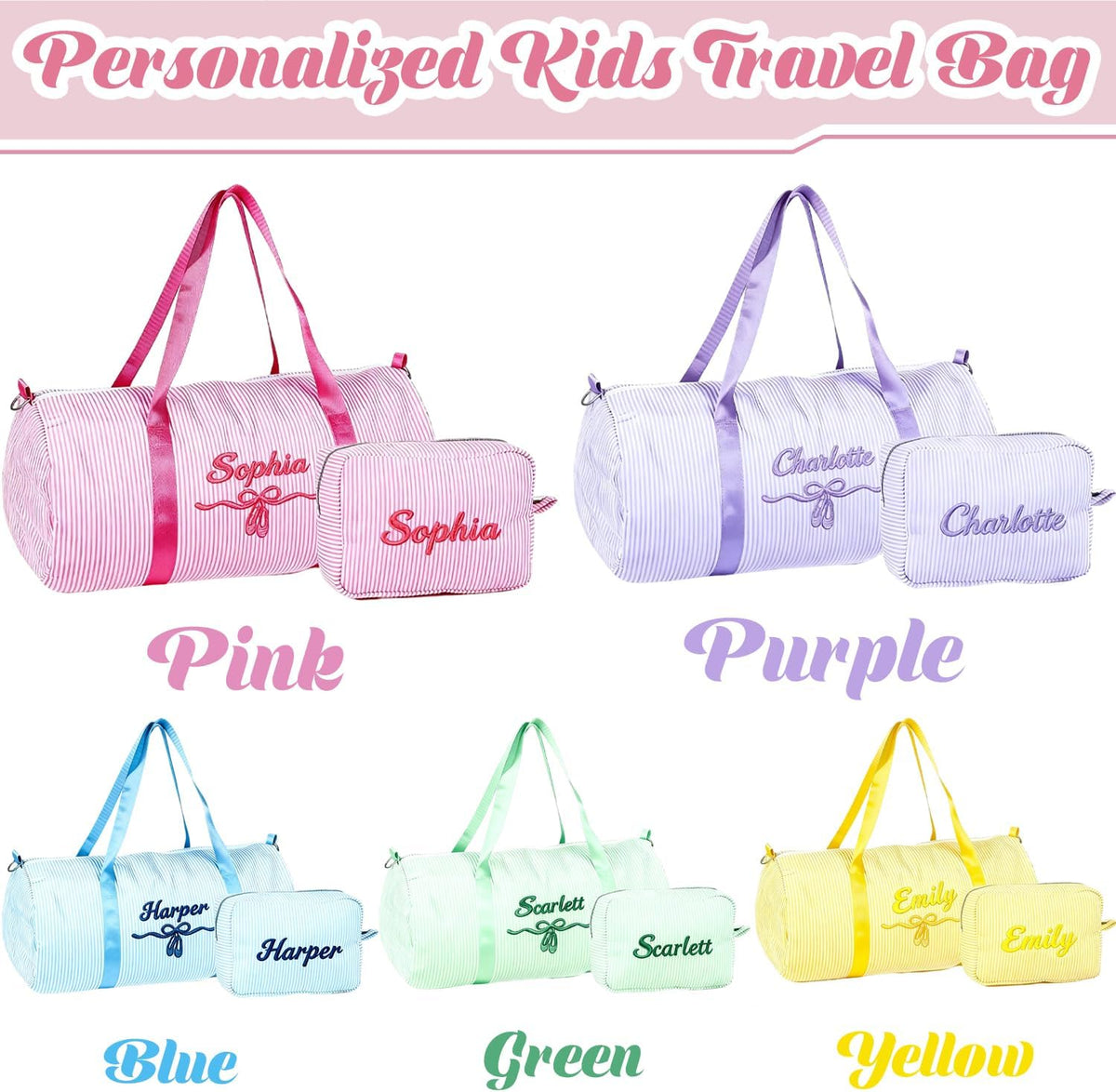 Personalized Toddler Dance Bag with Name for Girls&Boys,Seersucker Embroidered Duffel Bag,18 Inch,Multi-Functional Travel & Dance Bag with Handles for Little Girls Ballet,Weekend Travel, Gym,Camping