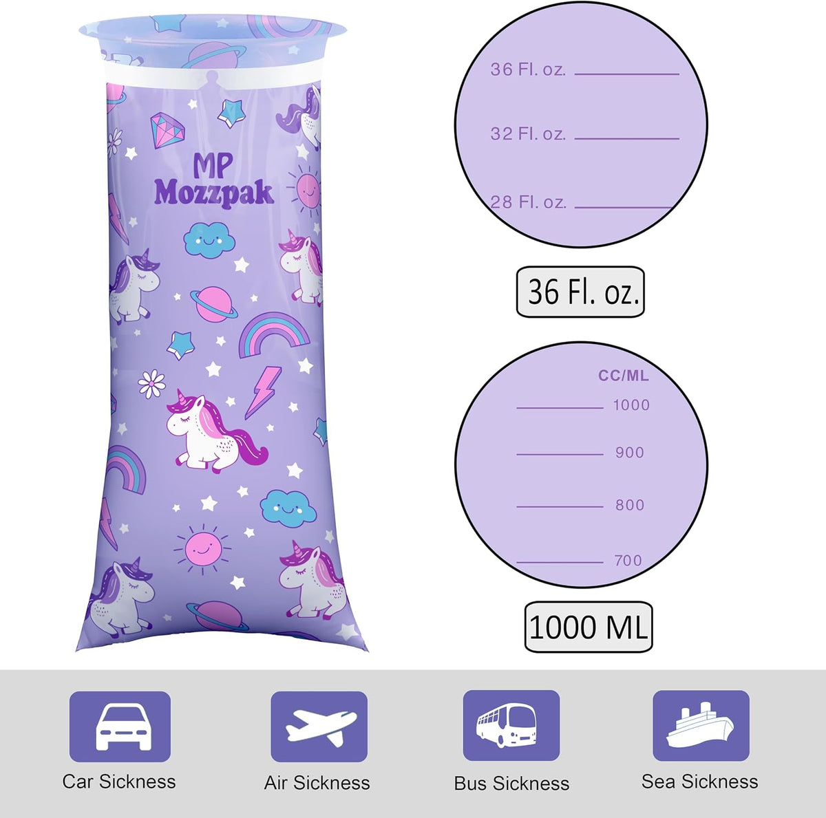 MP MOZZPAK Unicorn Kids Vomit Bags Disposable 15 Pack - Emesis Bags, Leak-Proof Barf Bag, Motion Sickness Relief for Children, Travel Friendly Puke Bag, Throw up Solution for Car, Plane, & Road Trips