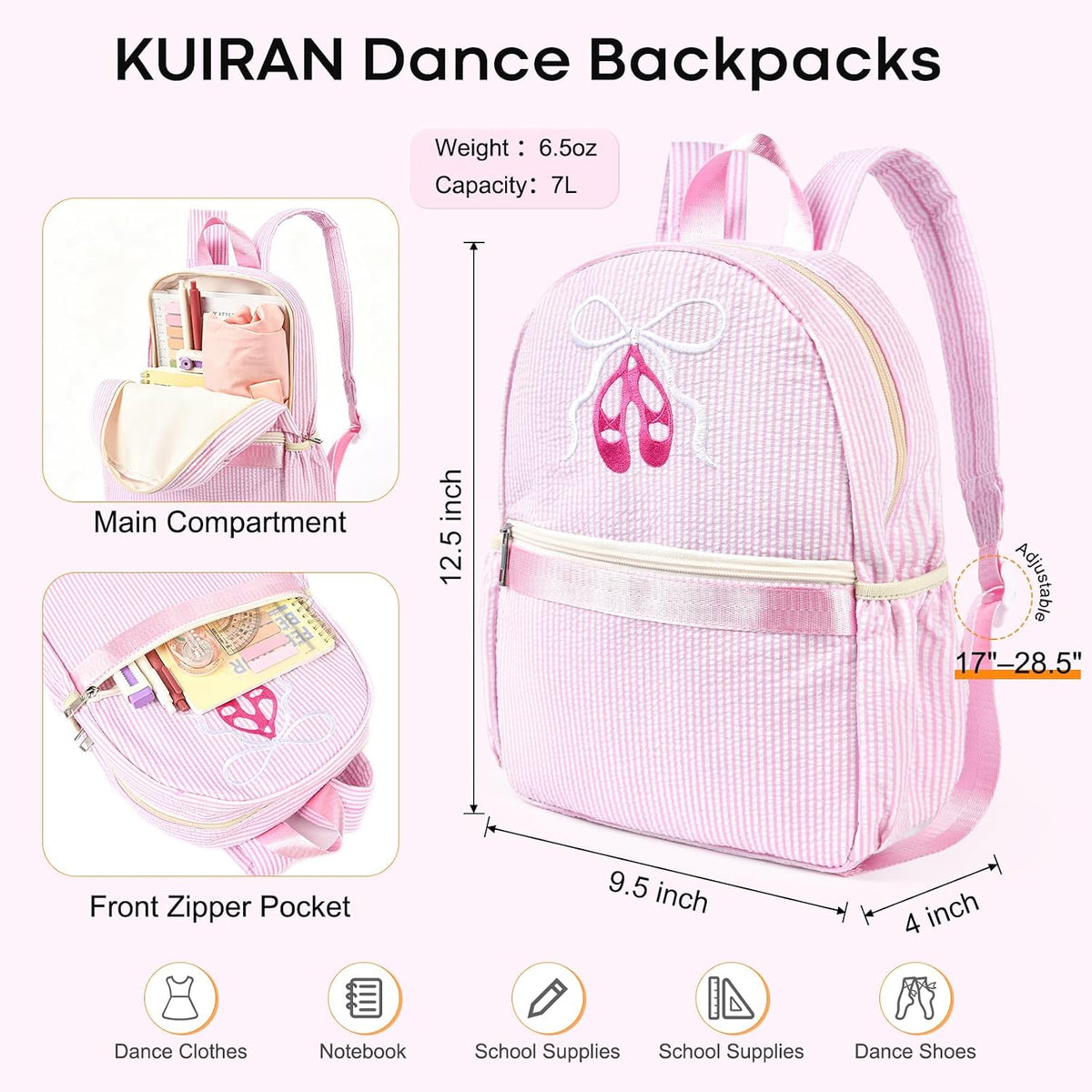 Dance Backpack for Girls, 7L Cute Dance Bag for Dancer Lightweight Small Gym Sport Weekender Ballet Travel Bag – Pink