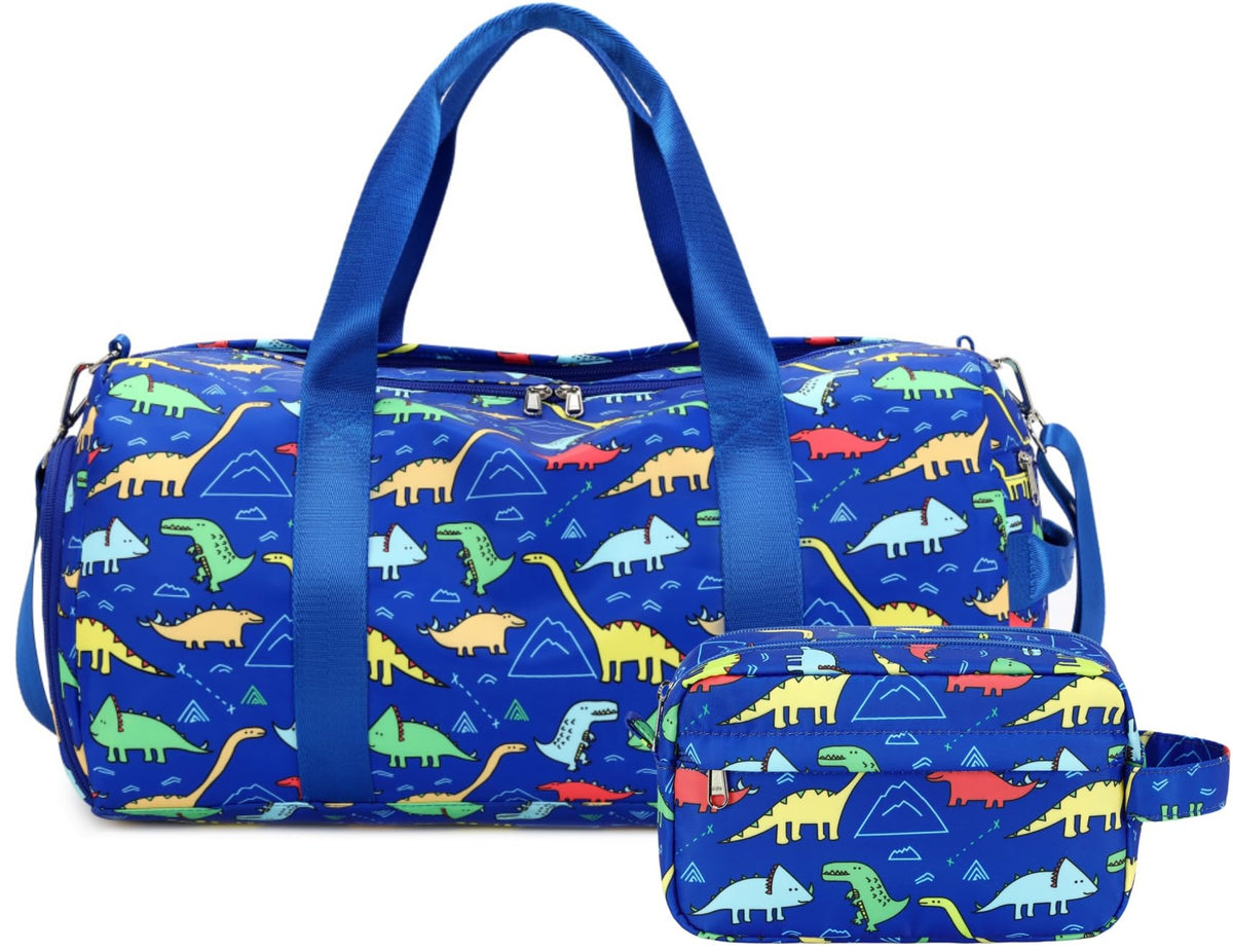 CAMTOP Kids Duffel Overnight Bag Boys Girls Toddler Weekender Carry-On Personalized Tote for Travel Gym Sport (A-Blue Dinosaur)