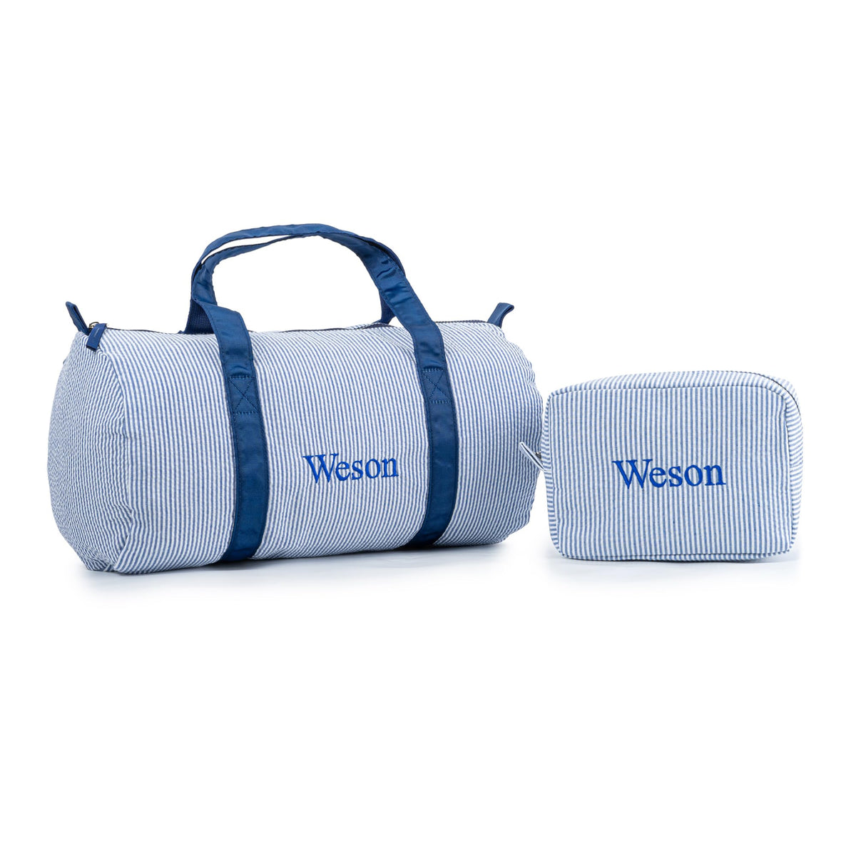 MT WORLD Personalized Duffle Bag for Kid Seersucker Cloth Overnight Duffel Bag with Name Toddler Travel Bag Custom Weekender Bag Child Small Sports Gym Ballet Dance bag Little Girls Boys (Light Blue)