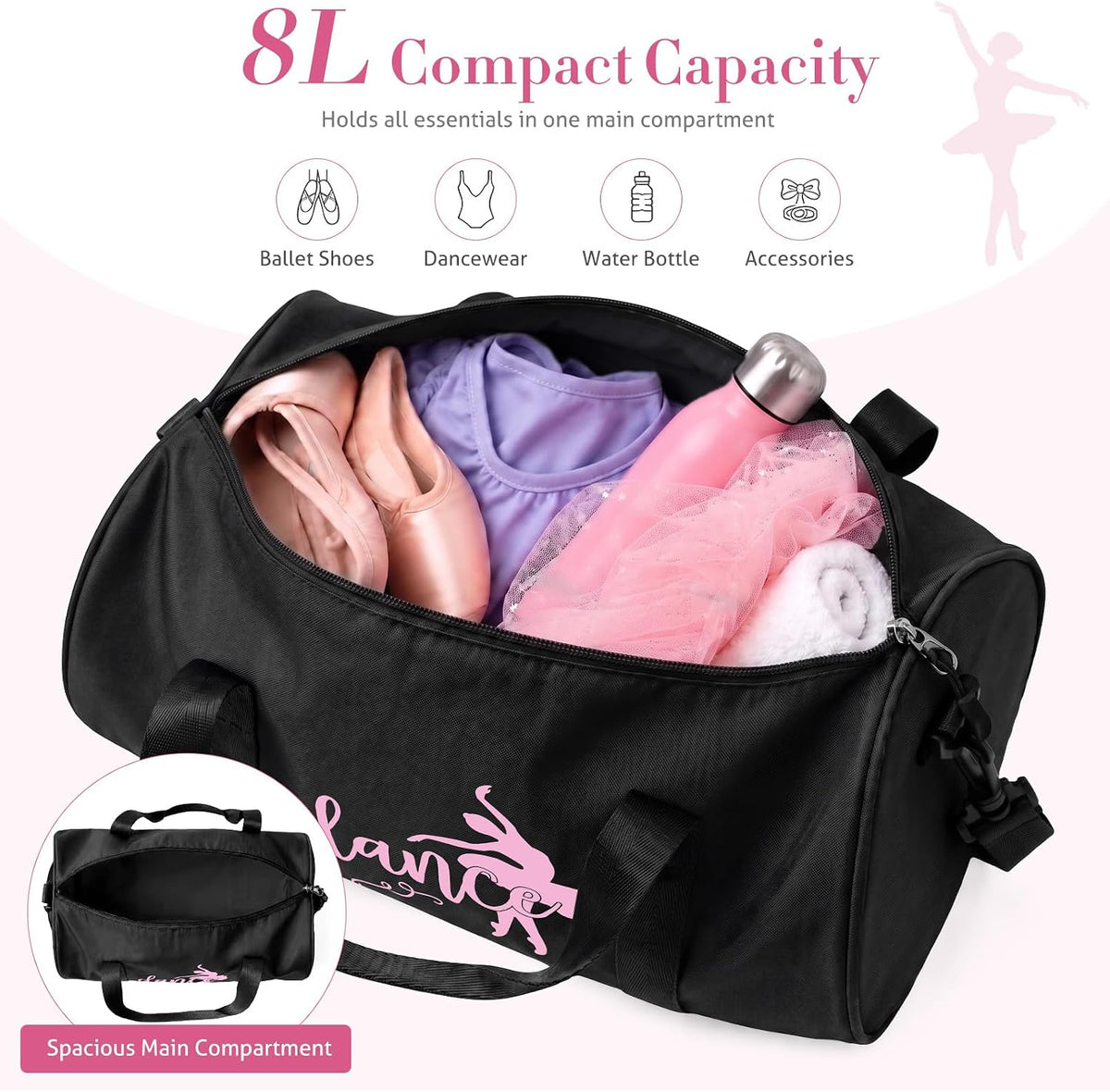 Small Dance Bag for Girls, 8L Lightweight Waterproof Duffle Ballet Bag with Shoulder Strap, Small Gymnastics Overnight Tote Bag for Ballet, Gym, Cheer, Travel - Black
