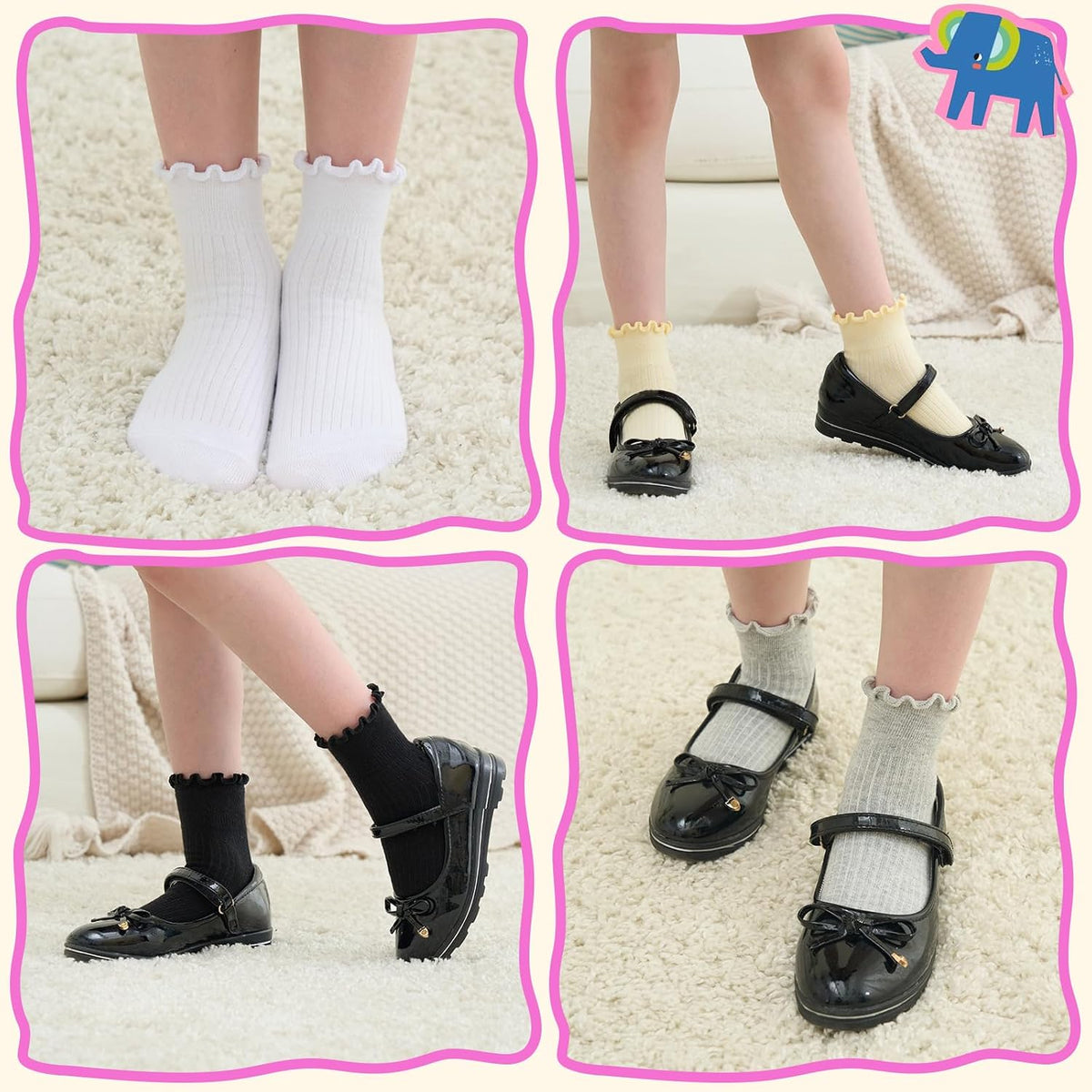 Age 3-10 Girls 100% Cotton Ruffle Socks, Cute Soft Breathable Frilly Dress Socks for Girls