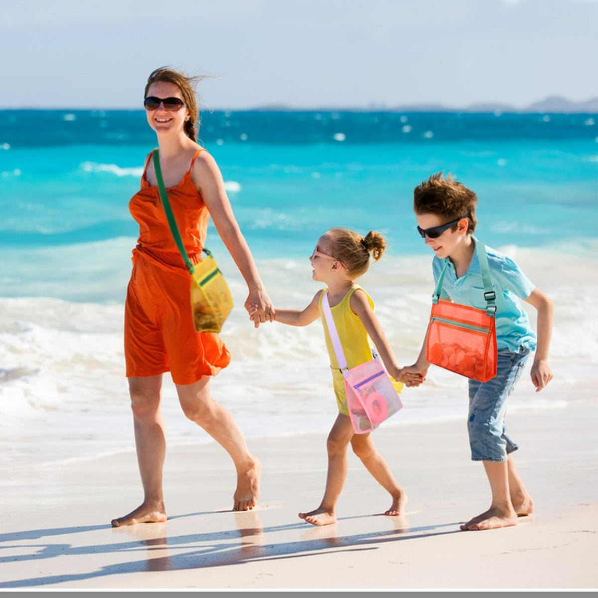 MUYIZI Mesh Beach Bag for Shells Collecting 4 Pack,Shell Bags for Beach,Sea Shell Bags for Picking Up Shells,Beach Shell Bag for Kids, Beach Toys Sand Toys Swimming Accessories for Boys and Girls