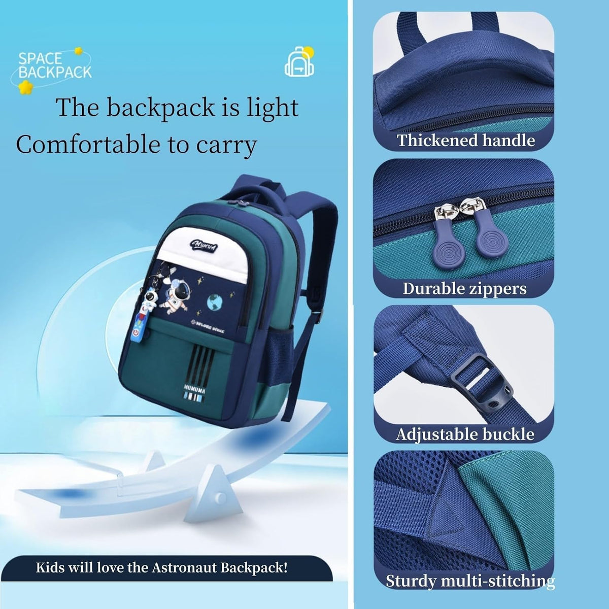 MITOWERMI Astronaut-space Backpack for Boys-Girls Elementary Middle School Bookbag Backpack for Girls Kids Lightweight Back Pack Blue-green