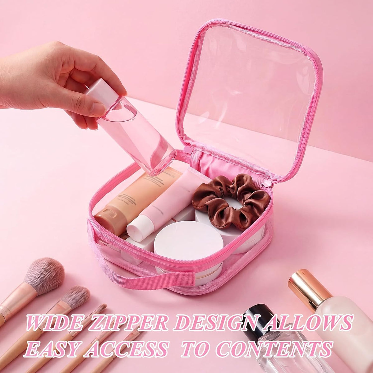 Abbylike 6 Pcs Clear Toiletry Bags Travel Bags Small Clear Makeup Bag with Handle Quart Size Travel Pouches with Zipper for Airport Security Car Organizer Bag for Women Girls(Pink)