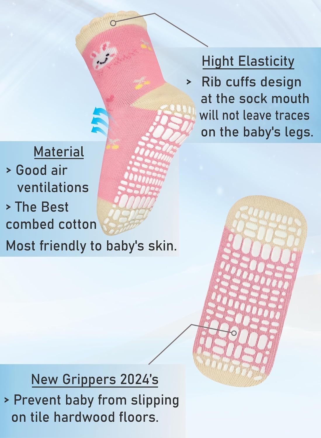 RATIVE Baby Girl Non Slip Grip Socks 12-Pack Soft Cotton Toddler Girl Socks