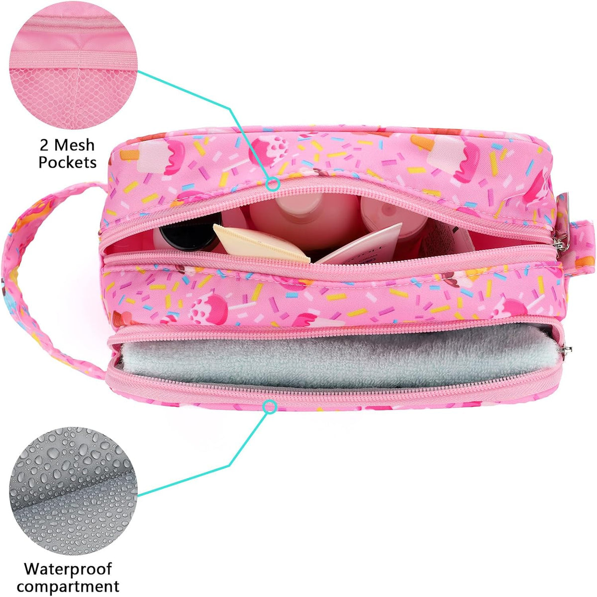Kids Toiletry Bag for Girls, Travel Toiletry Bag for Little Young Girls Cosmetic Bag Makeup Bag Waterproof Hanging Wash Bag Toddler Toiletries, Candy Pink