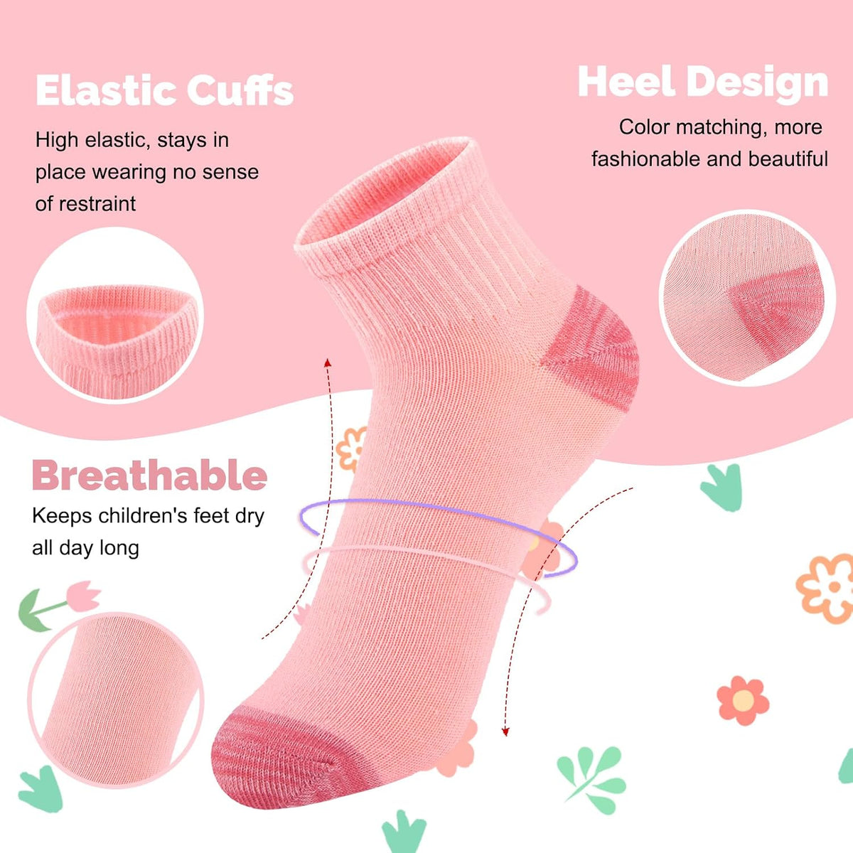20 Pairs Girls Ankle Socks, 4-7/7-10/10-12 Years Old, Color&White Socks for Kids, Comfortable Little Girls Sock
